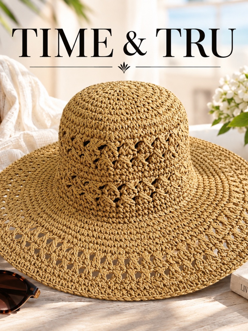 Time and Tru Tan Crochet Wide Brim Sun Hat